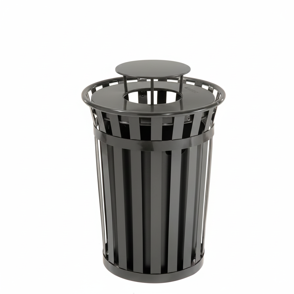 36 Gallon Slatted Steel Commercial Outdoor Trash Can – Wide Top Rain Bonnet Lid & Liner