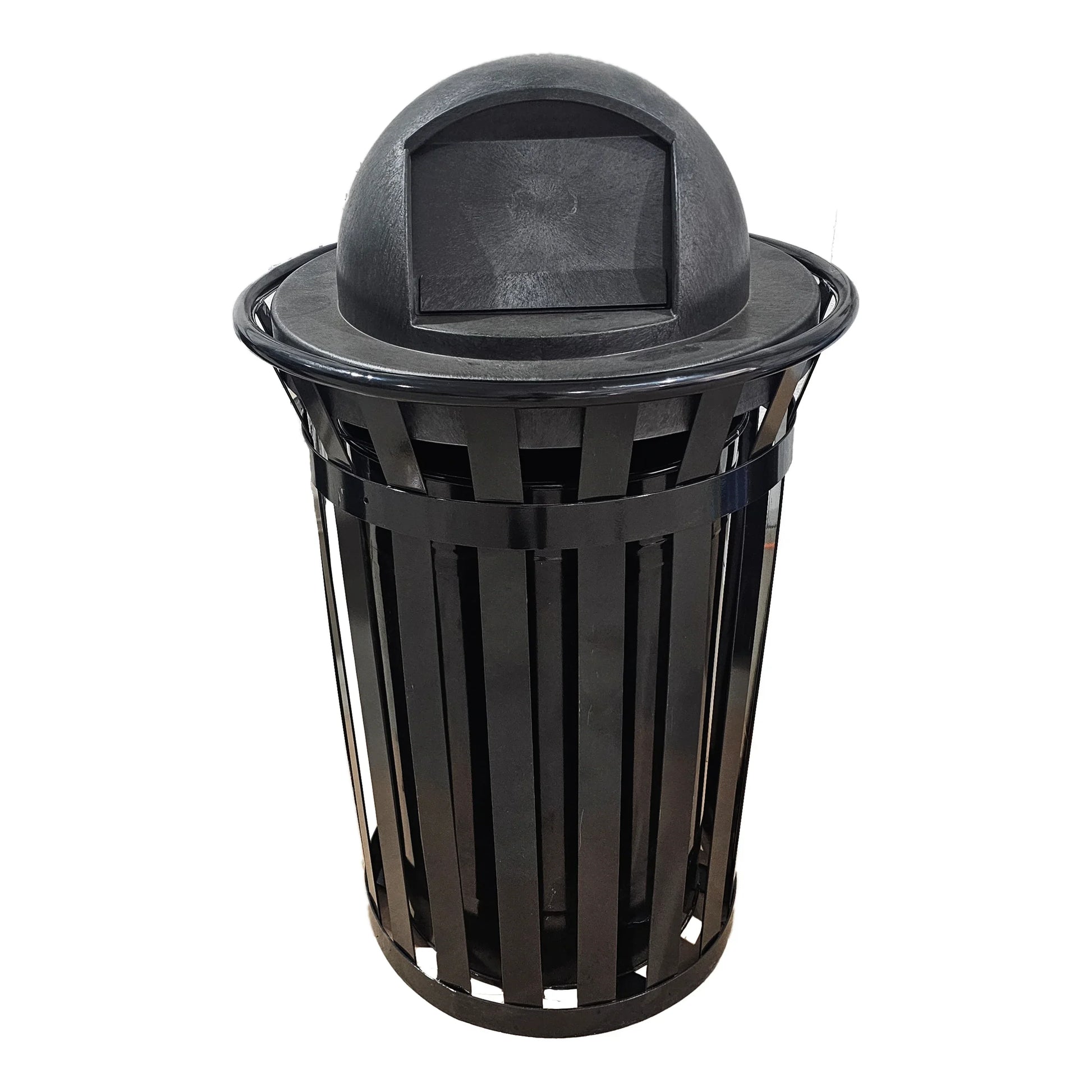36 Gallon Slatted Steel Commercial Outdoor Trash Can – Wide Top Dome Lid & Liner