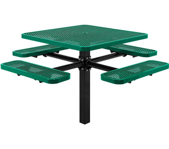 Commercial 46in Square Single Pedestal Picnic Table – Expanded Metal, In-Ground Mount