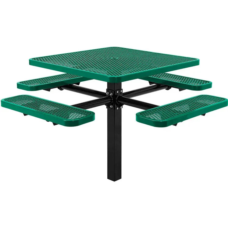 Commercial 46in Square Single Pedestal Picnic Table – Expanded Metal, In-Ground Mount