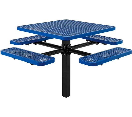 Commercial 46in Square Single Pedestal Picnic Table – Expanded Metal, In-Ground Mount