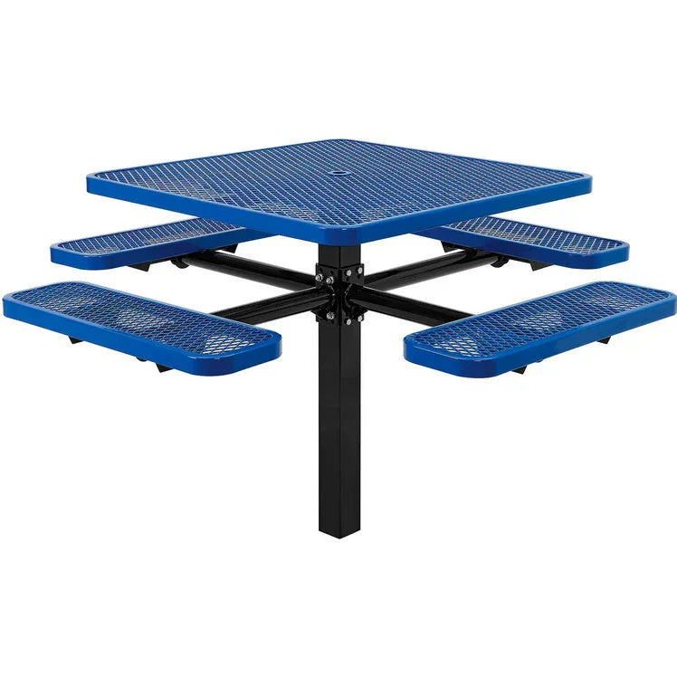 Commercial 46in Square Single Pedestal Picnic Table – Expanded Metal, In-Ground Mount