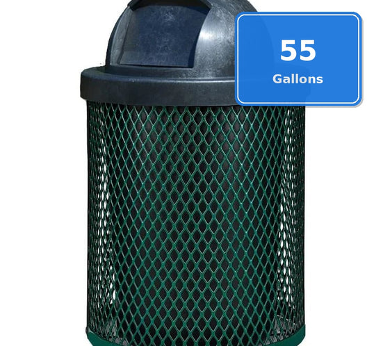 55 Gallon Diamond Expanded Steel Commercial Outdoor Trash Can – Plastic Dome Lid, Liner & Base