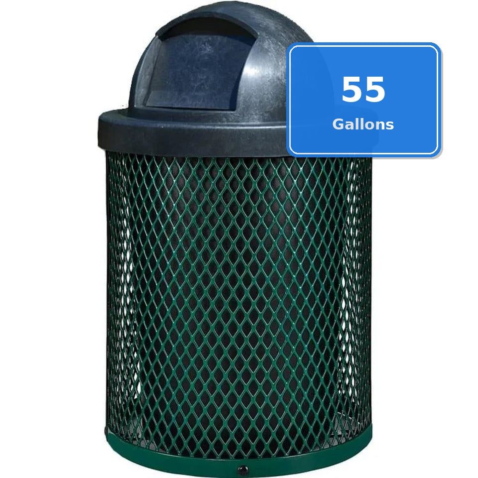 Commercial 55 Gallon Diamond Steel Trash Can With Plastic Dome Lid, Liner & Base