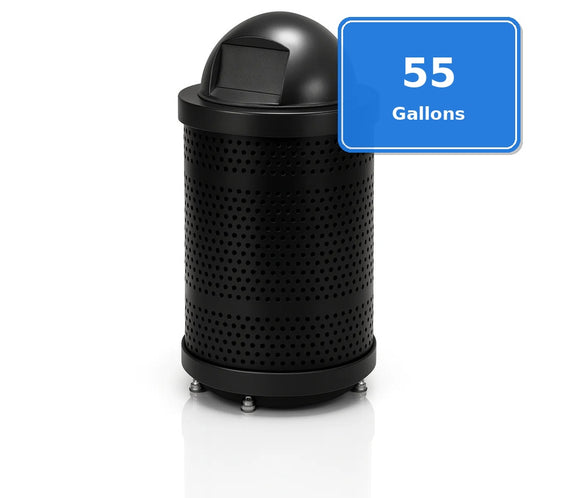 55 Gallon Punched Steel Heavy-Duty Commercial Outdoor Trash Can – Plastic Dome Lid, Liner & Base