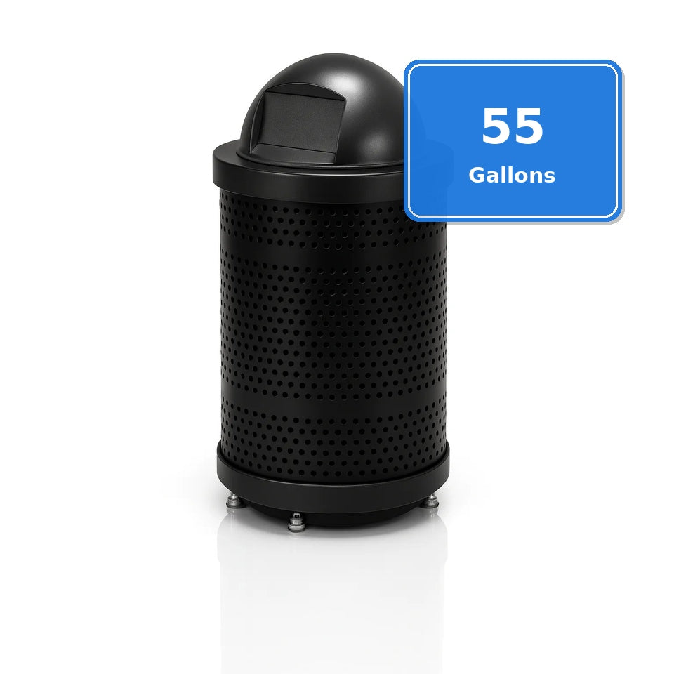 Heavy Duty Commercial 55 Gallon Punched Steel Trash Can With Plastic Dome Lid, Liner & Base