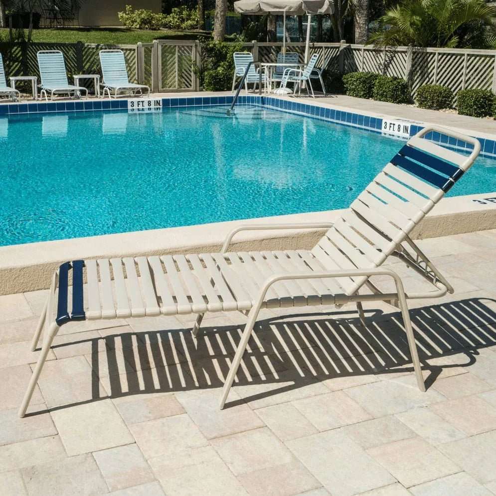Vinyl Strap Commercial Pool Chaise Lounge with Flat Armrests – 16in - Outdoorsiness