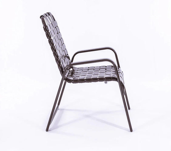 Wide Frame Basket Weave Vinyl Strap Commercial Pool Side Dining Chair with Comfort Arm
