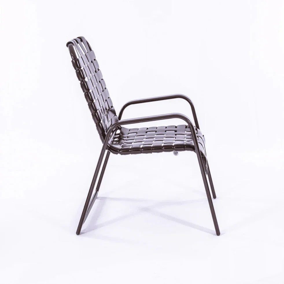 Wide Frame Basket Weave Vinyl Strap Commercial Pool Side Dining Chair with Comfort Arm