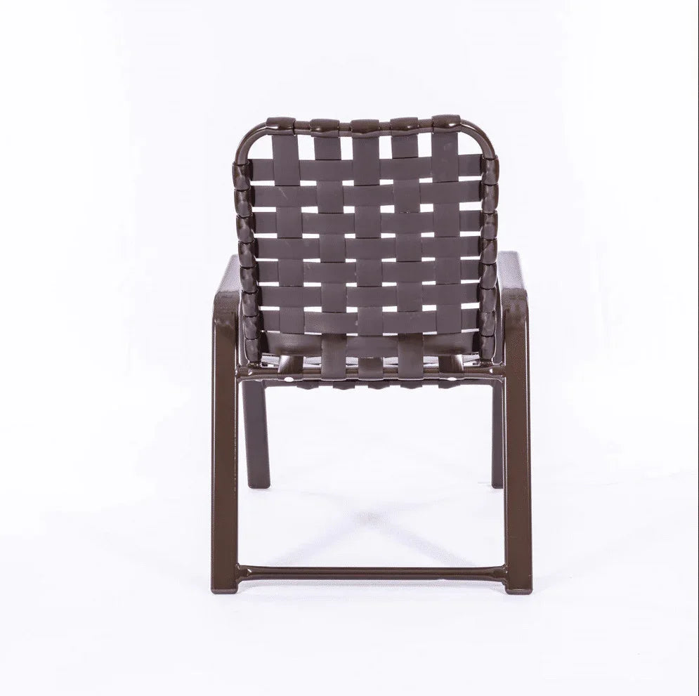 Wide Frame Basket Weave Vinyl Strap Commercial Pool Side Dining Chair with Comfort Arm