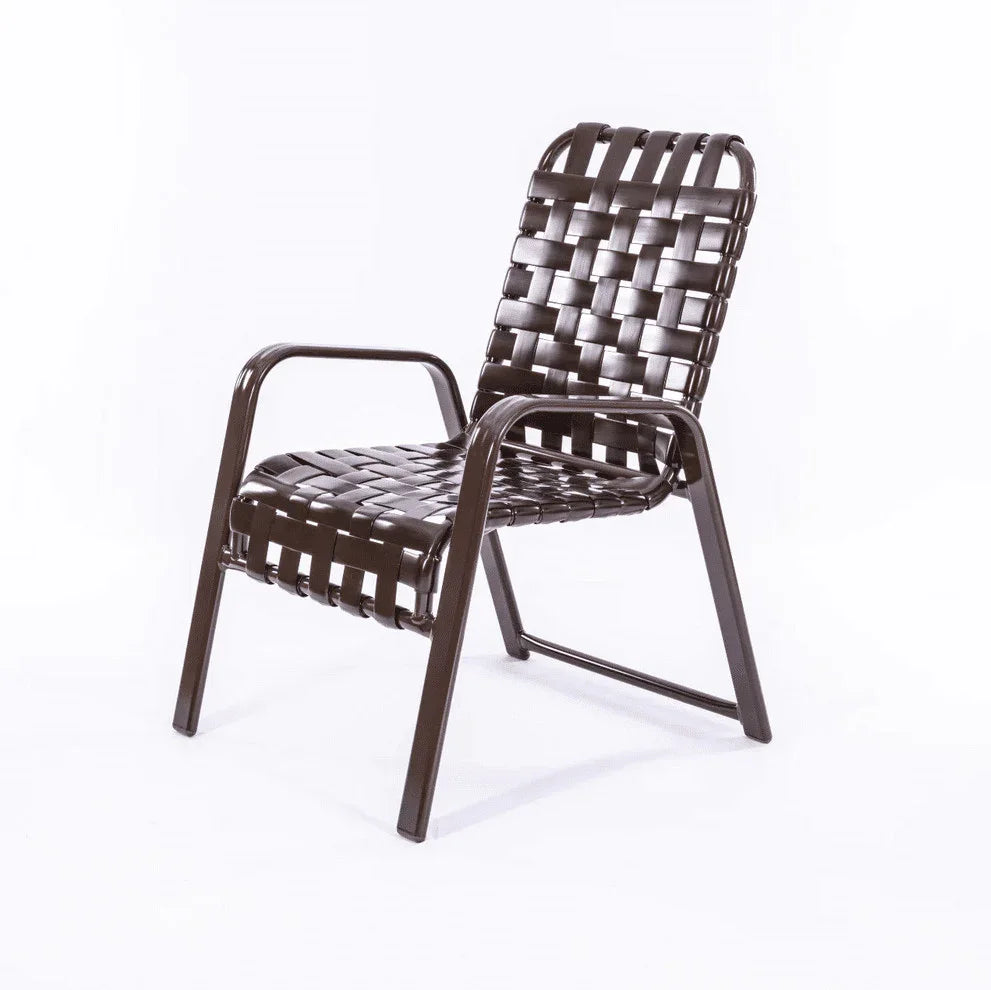 Wide Frame Basket Weave Vinyl Strap Commercial Pool Side Dining Chair with Comfort Arm