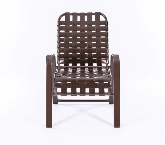 Wide Frame Basket Weave Vinyl Strap Commercial Pool Side Dining Chair with Comfort Arm