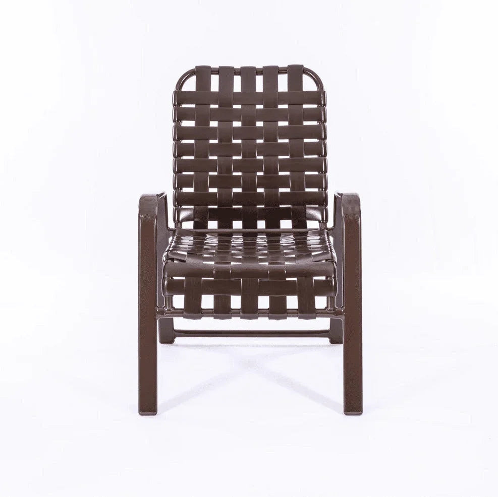 Wide Frame Basket Weave Vinyl Strap Commercial Pool Side Dining Chair with Comfort Arm