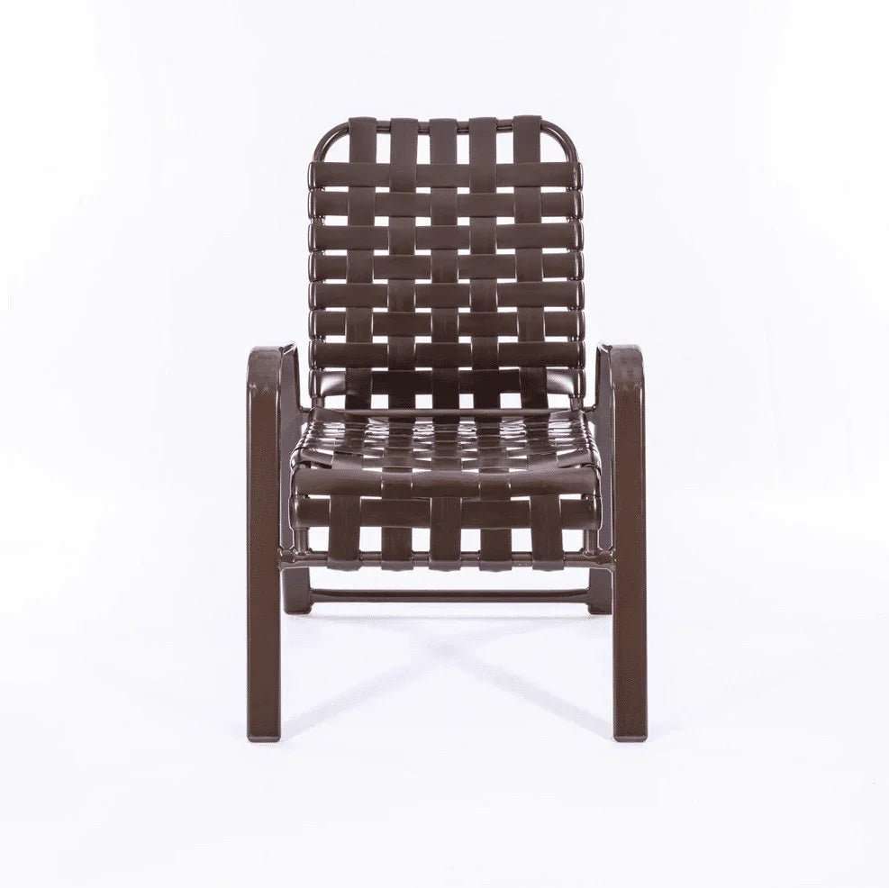 Wide Frame Basket Weave Vinyl Strap Commercial Pool Side Dining Chair with Comfort Arm - Outdoorsiness