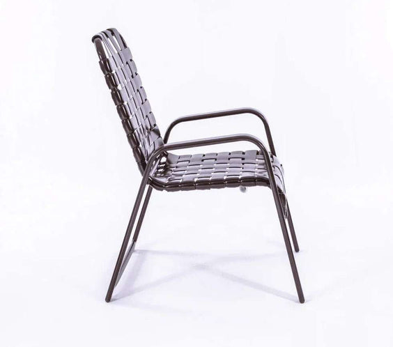 Wide Frame Basket Weave Vinyl Strap Commercial Pool Side Dining Chair with Comfort Arm - Outdoorsiness