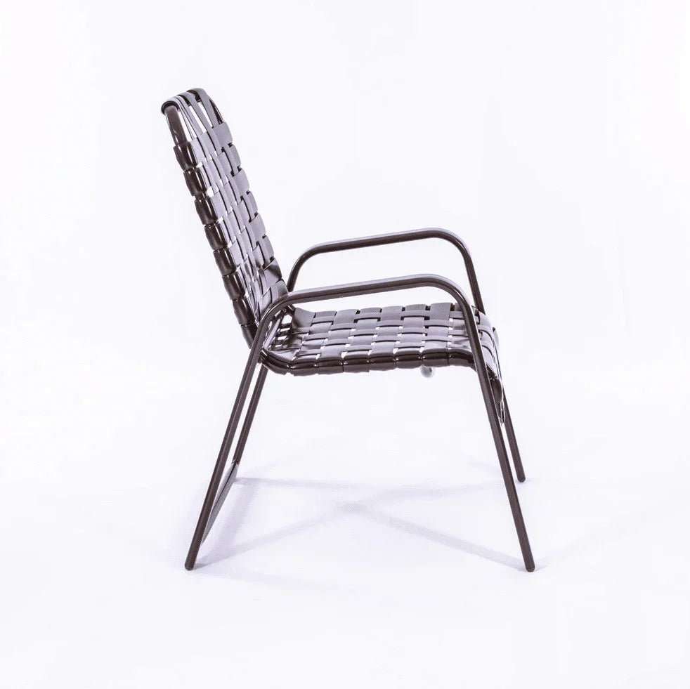 Wide Frame Basket Weave Vinyl Strap Commercial Pool Side Dining Chair with Comfort Arm - Outdoorsiness
