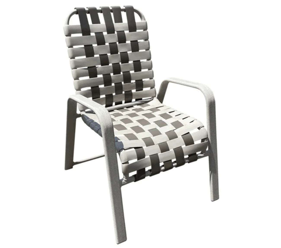 Wide Frame Basket Weave Vinyl Strap Commercial Pool Side Dining Chair with Comfort Arm - Outdoorsiness