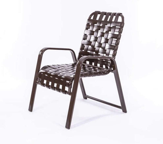 Wide Frame Basket Weave Vinyl Strap Commercial Pool Side Dining Chair with Comfort Arm - Outdoorsiness