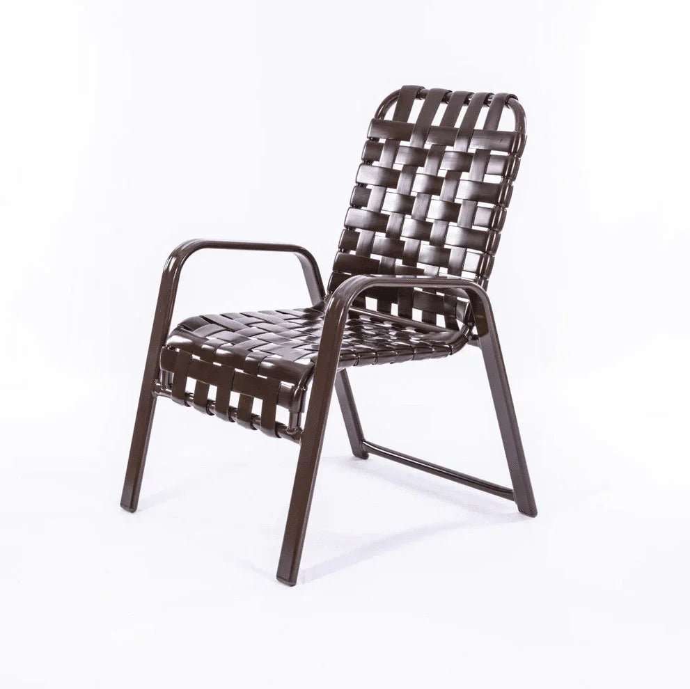Wide Frame Basket Weave Vinyl Strap Commercial Pool Side Dining Chair with Comfort Arm - Outdoorsiness